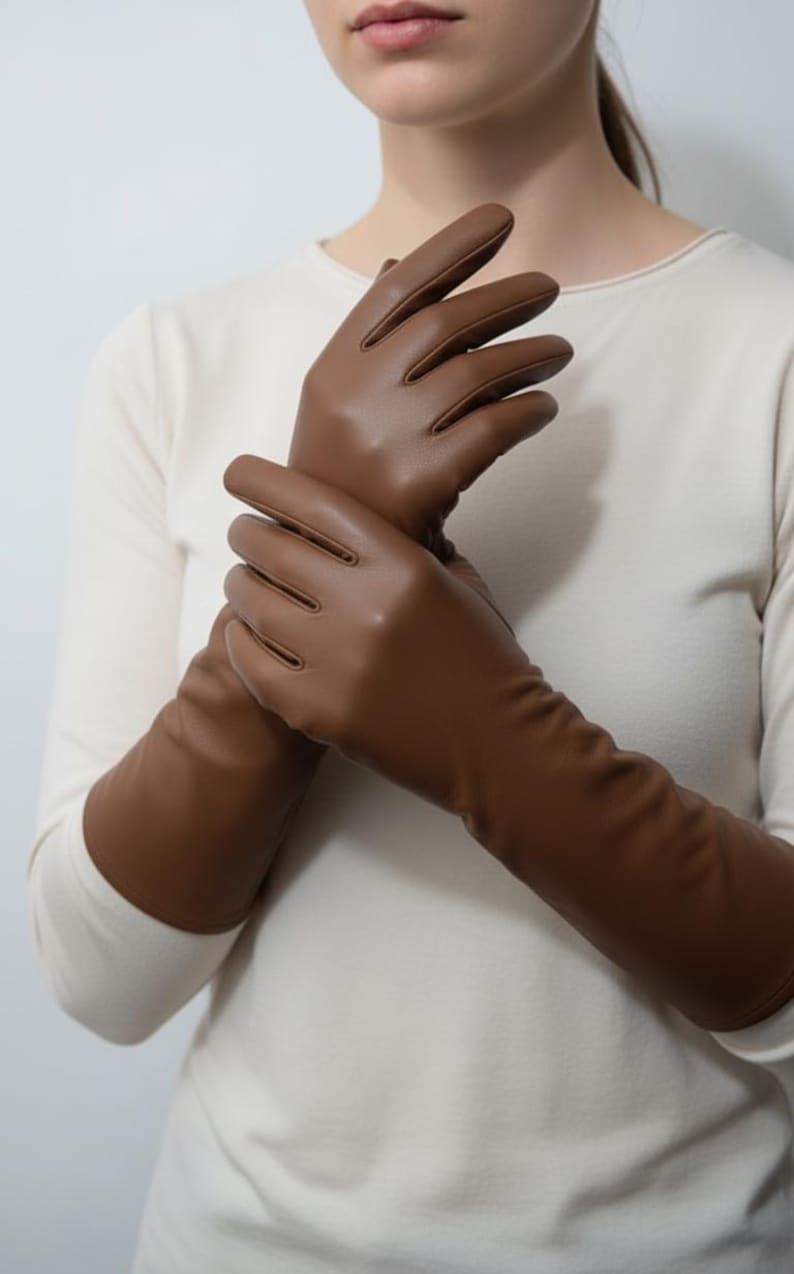 Long Brown Sheepskin Leather Gloves: Elegant Opera Length