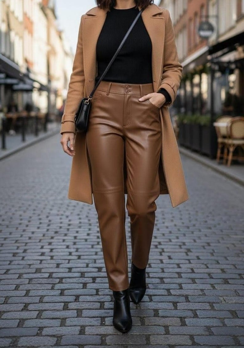 Genuine Brown Leather Pants, High-Waist Straight-Leg With 8 Size Options