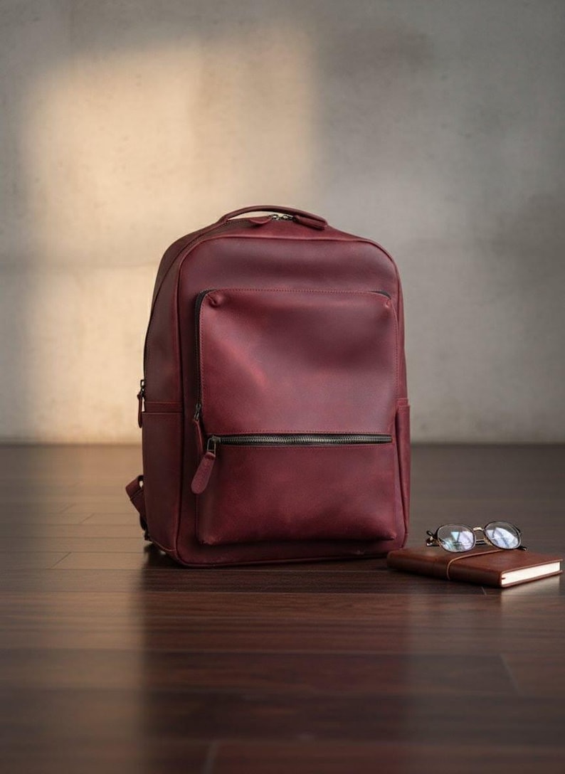 Burgundy Leather Laptop Backpack, Handmade Unisex Travel Bag