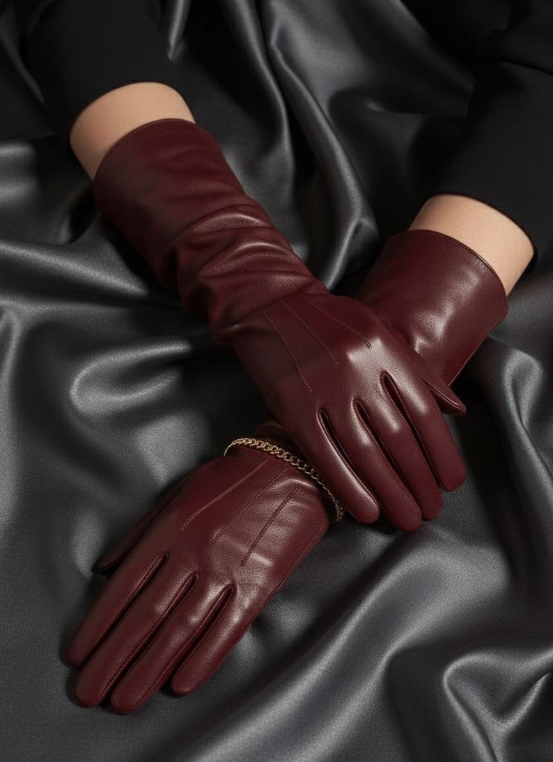 Burgundy Sheep Leather Long Gloves – Elegant Opera Gloves, Winter Gift