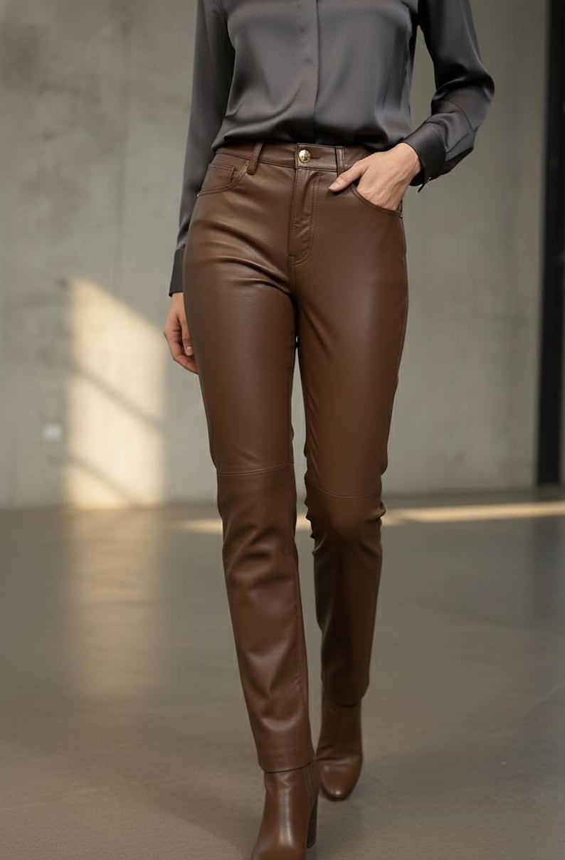 Brown Cow Leather Pants, Women's Straight Fit Trousers with Pockets