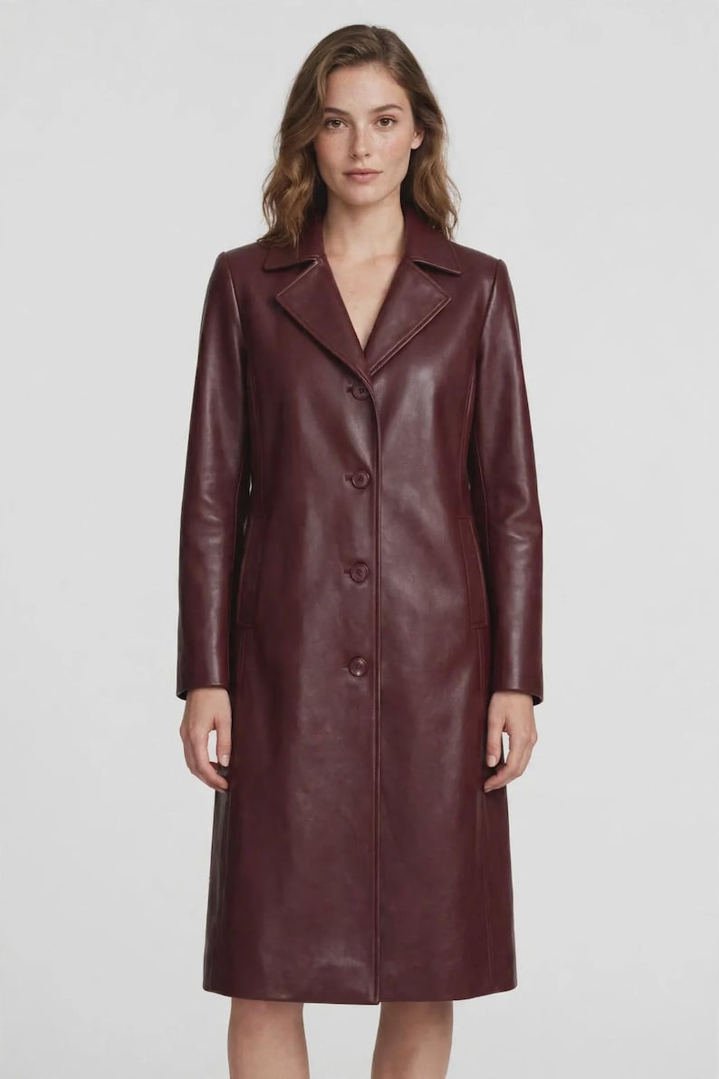 Women’s Maroon Leather Trench Coat Genuine Cowhide Long Jacket Handmade Burgundy Overcoat