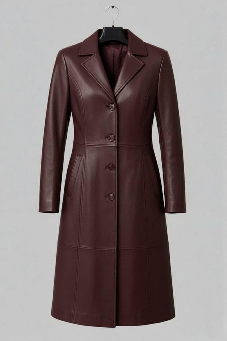 Women’s Genuine Leather Long Coat – Handmade Cowhide Trench Jacket Burgundy