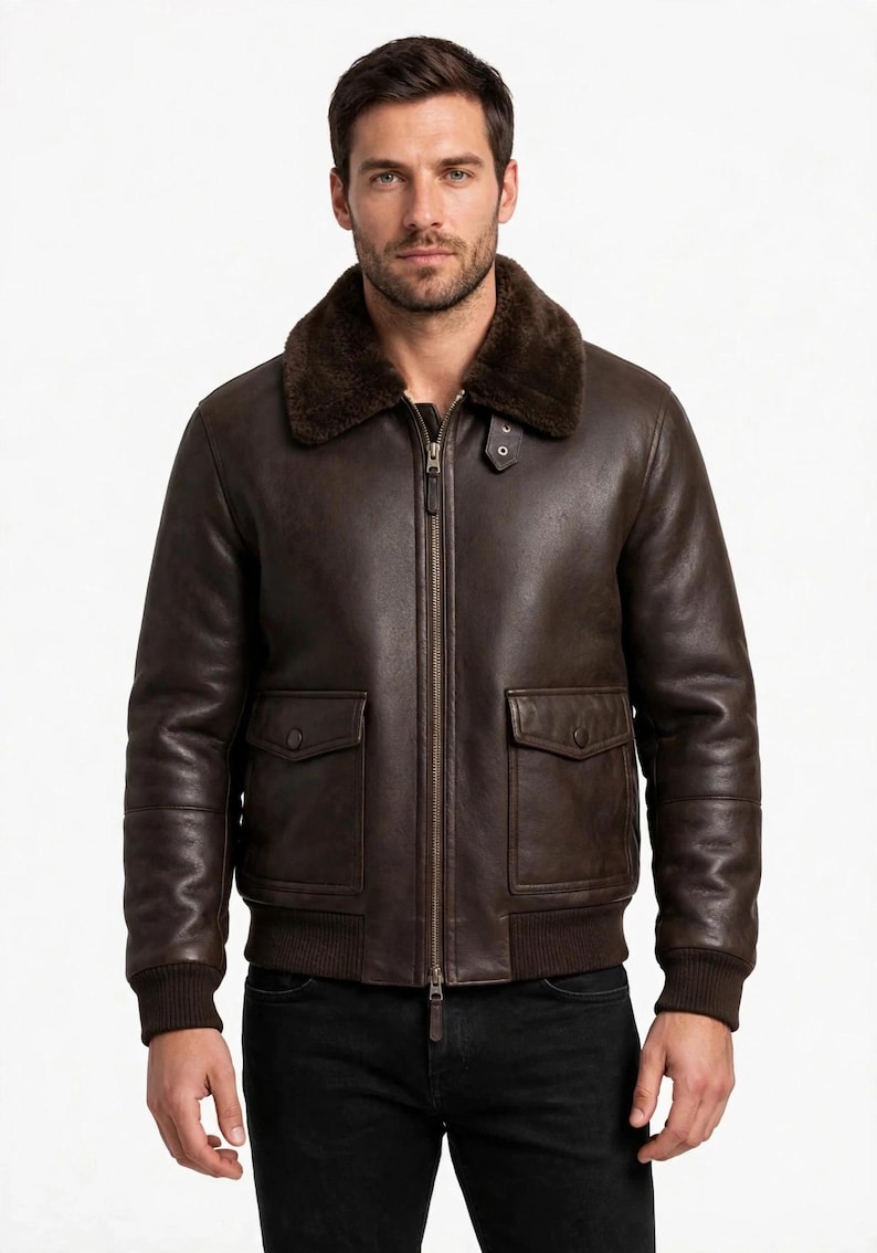 Men’s Dark Brown Cow Leather Shearling Aviator | Handmade Bomber Gift