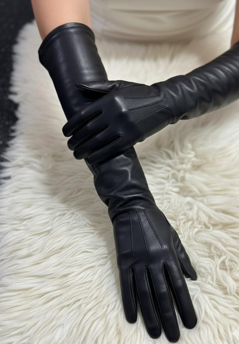 Women’s Long Black Leather Gloves | Genuine Sheepskin | Handmade Opera Length | Elegant Winter Gift