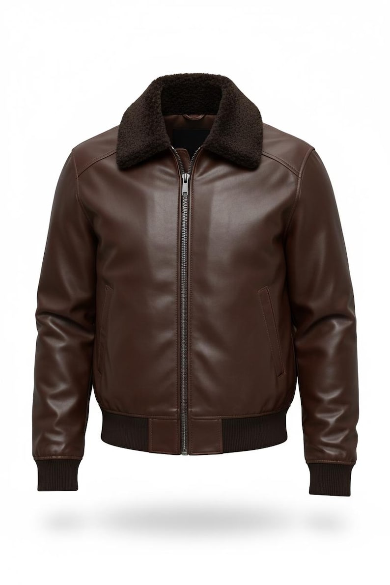 Men’s Genuine Cowhide Bomber with Faux Fur Collar – Handmade Winter Aviator Coat