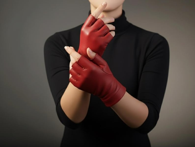 Handmade Red Leather Fingerless Gloves for Women | Genuine Leather Fashion Accessory Gift