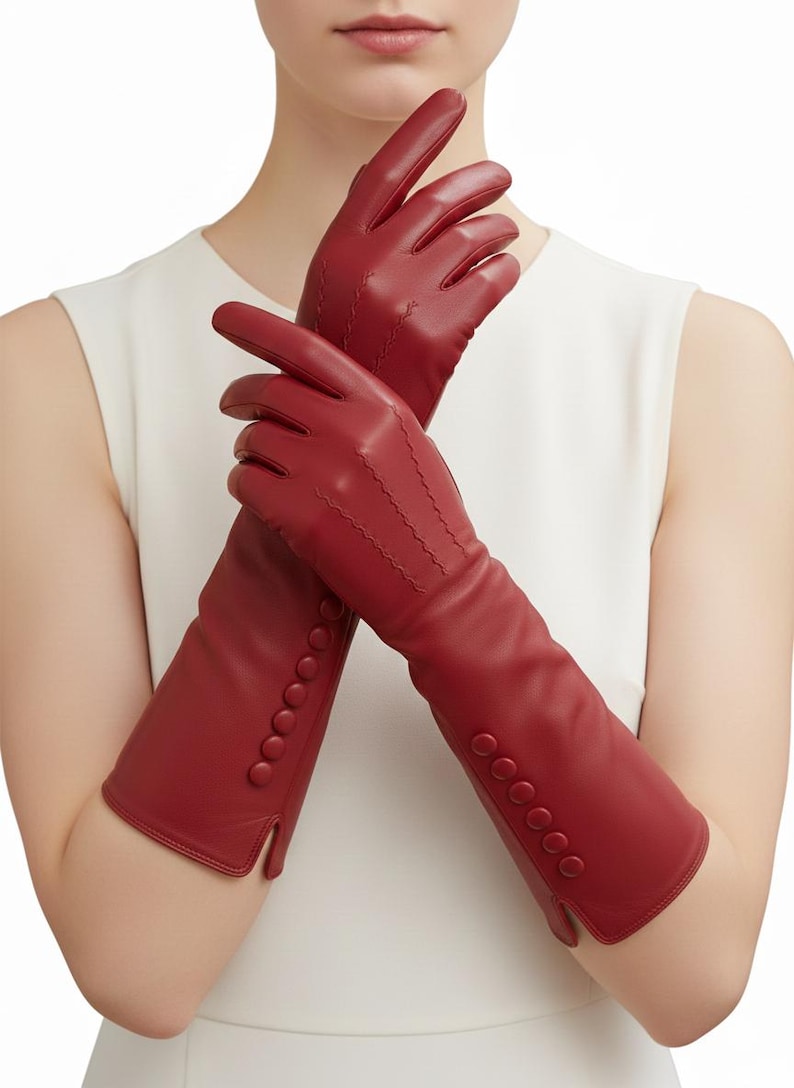 Women’s Red Sheep Leather Opera Gloves, Handmade Long Evening Gloves