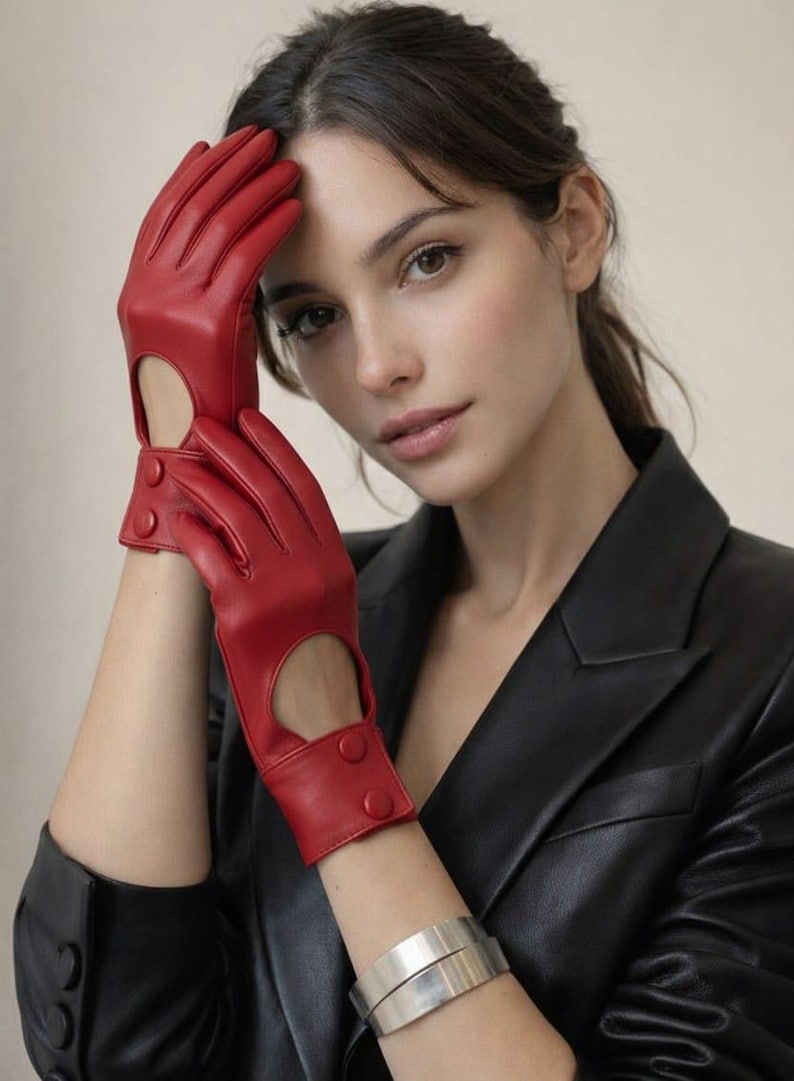 Women’s red Sheep Leather Gloves | Elegant Button-Cuff Handwear for Ladies