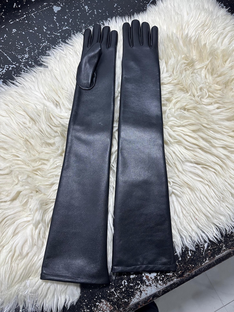 Women’s Long Black Sheep Skin Opera Gloves | Elegant Winter Arm Length Style