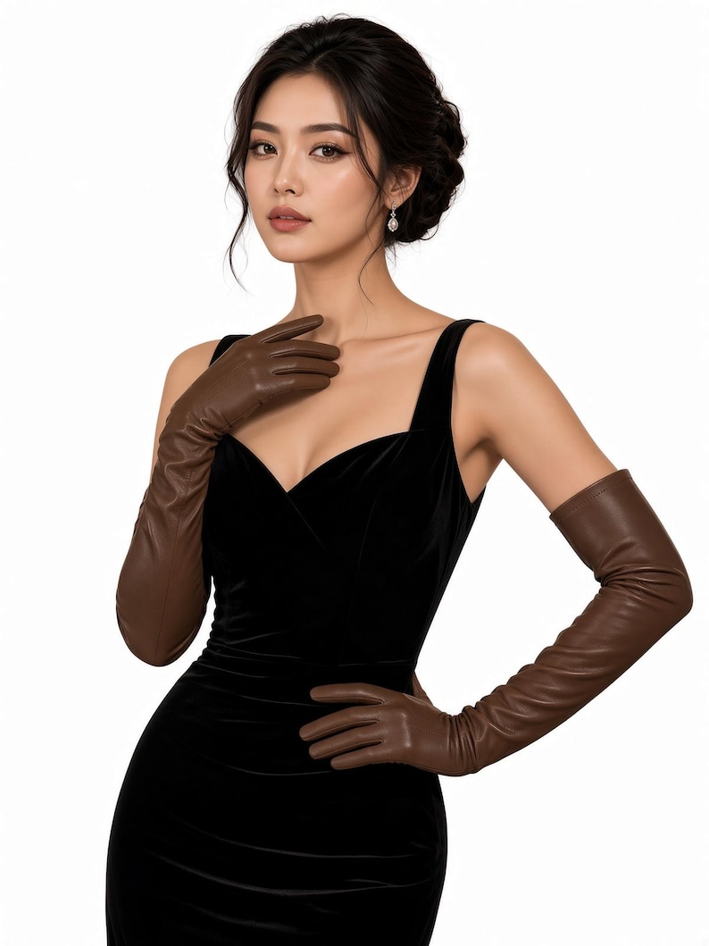 Brown Opera-Length Sheep Leather Gloves for Women, Handmade Elegant Winter Fashion