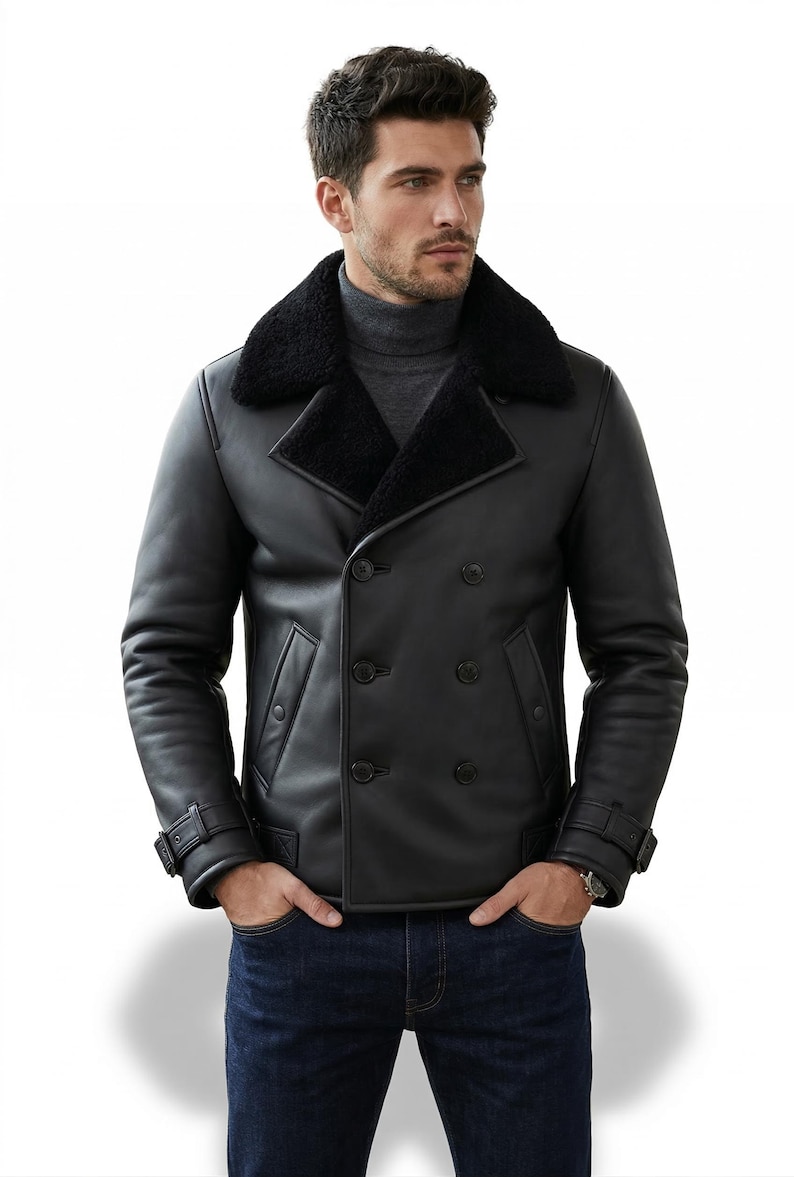 Men’s Shearling Collar Leather Jacket, Handmade Winter Coat, Double Breasted Aviator Style