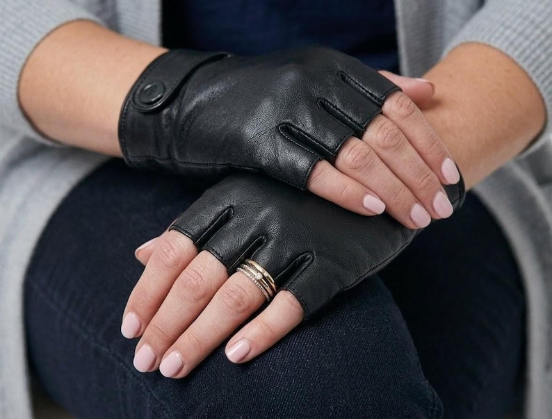 Women's Sheep Leather Fingerless Driving Gloves, Handmade Fashion Accessory