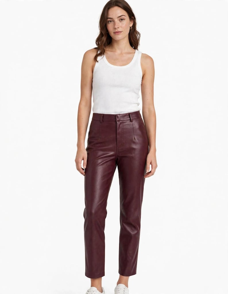 Women's Burgundy Leather Pants, High Waist Straight Cropped