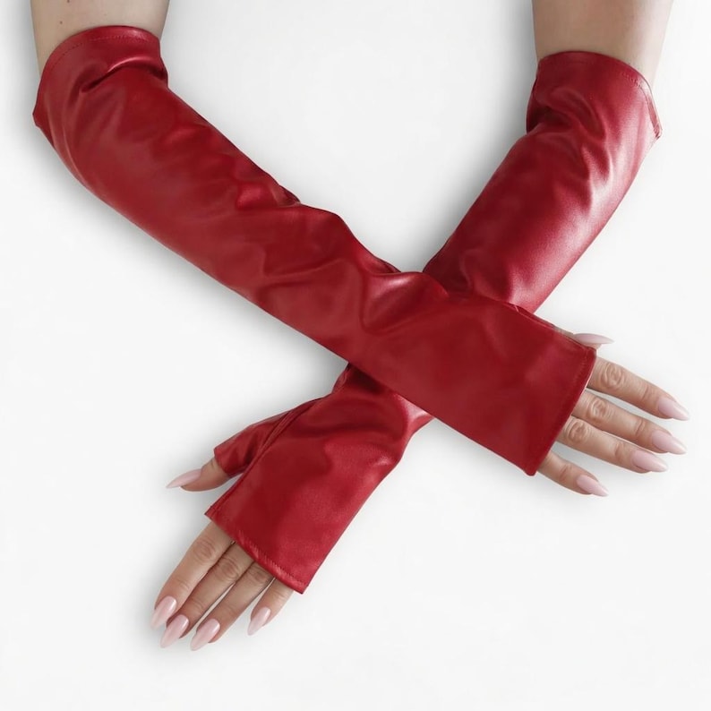 Women’s Long Sheep Leather Fingerless Gloves, Handmade Opera Arm Warmers, Elegant Fashion Gloves
