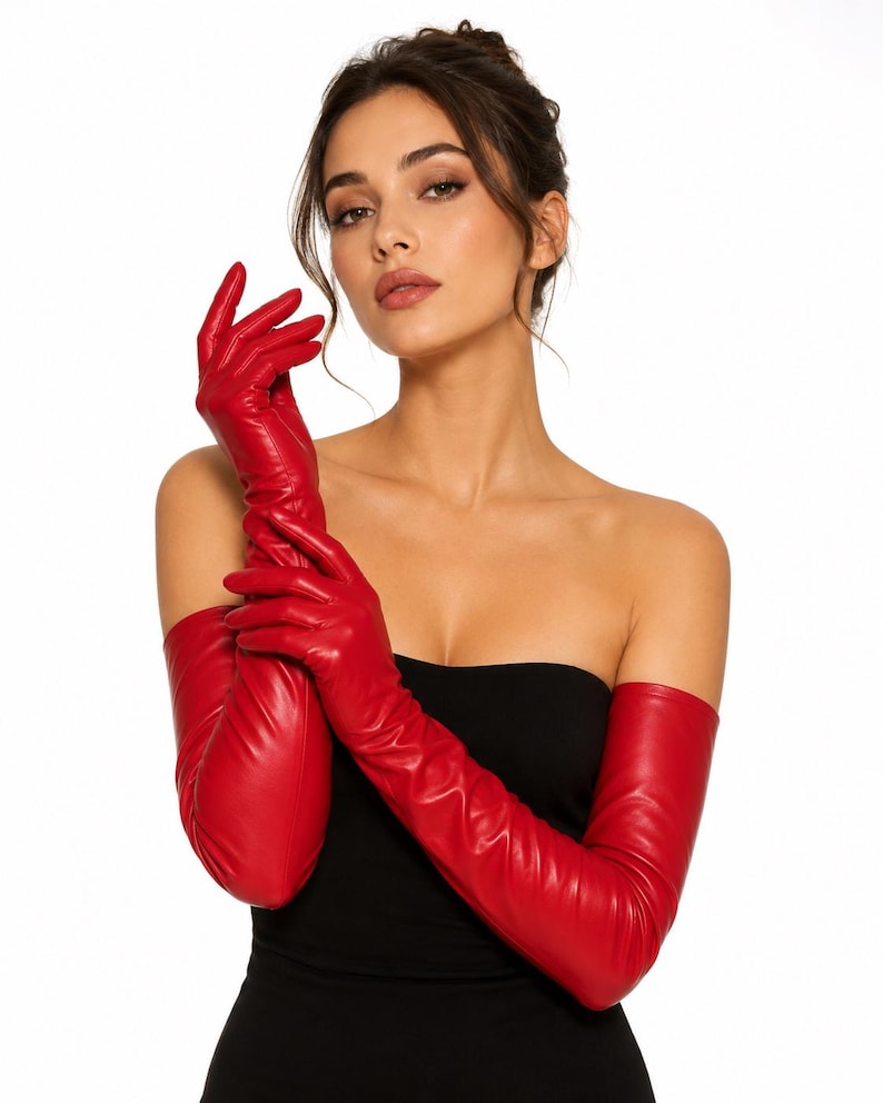 Women’s Red Sheep Leather Opera Gloves, Long Handmade Evening Gloves