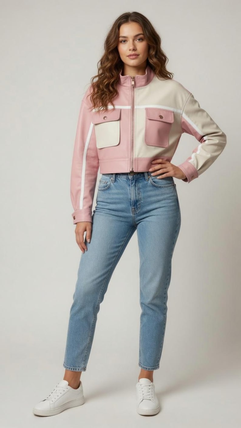 Women's Pink Cream Color Block Leather Cropped Jacket, Handmade Streetwear Style