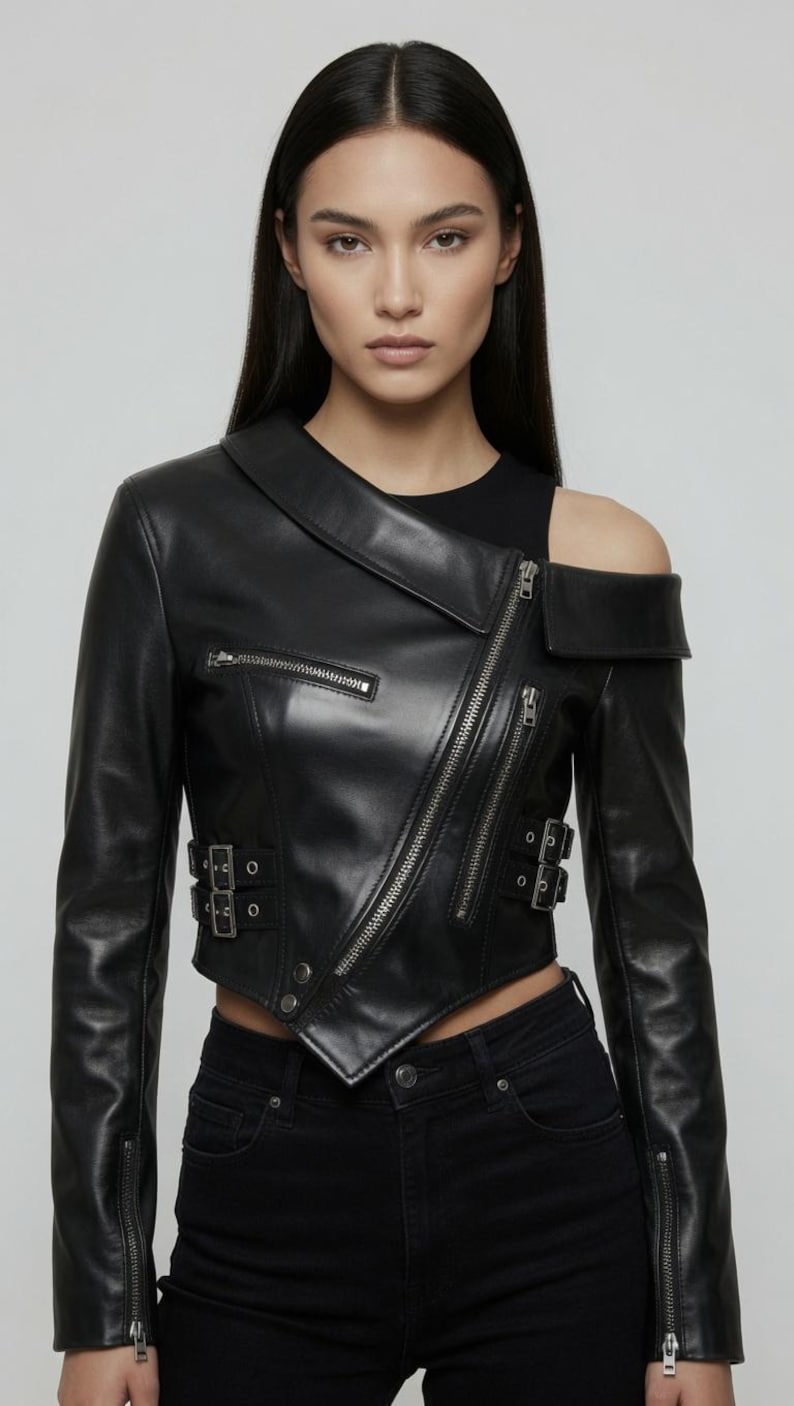 Women’s Cropped Biker Jacket, Asymmetric Zip Statement Coat