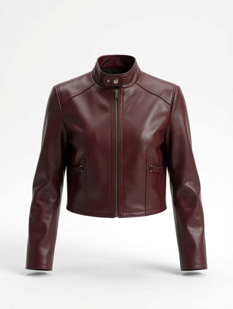 Women’s Cow Leather Moto Jacket, Handmade Stand Collar Coat