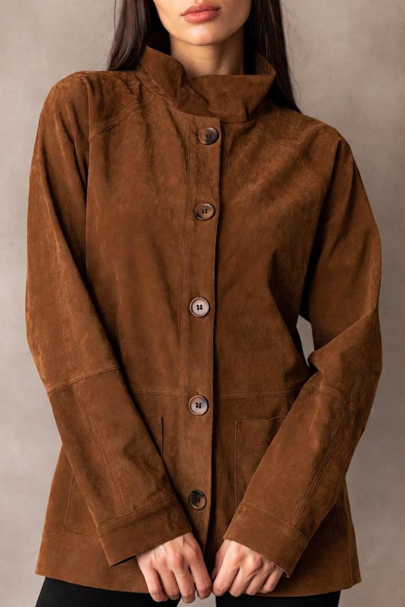 Women's Suede Coat, Stand Collar Jacket, Handmade Leather Outerwear, Gift for Her
