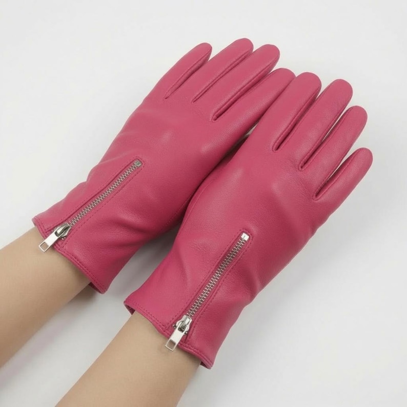 Women's Sheep Leather Gloves, Handmade Zipper Cuff Driving Style