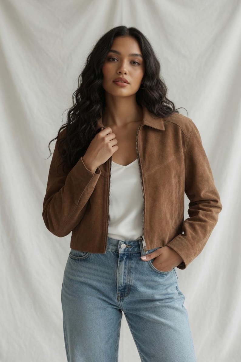 Womens Cropped Suede Jacket Handmade Zip Up Moto Coat Vintage Style Outerwear