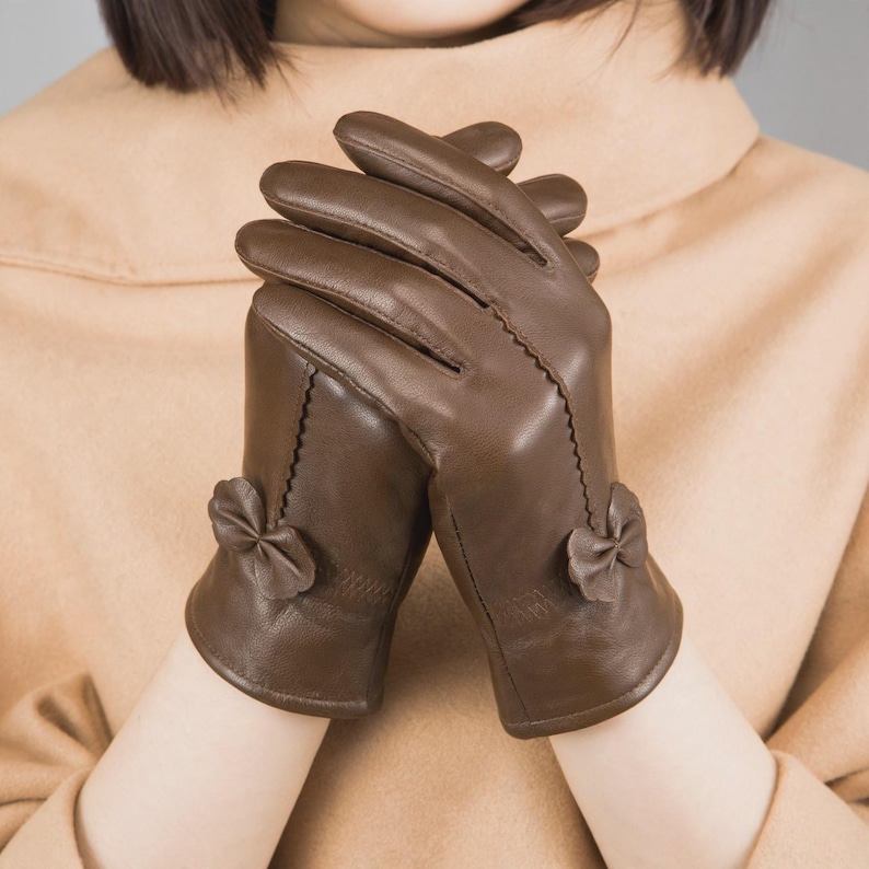 Brown Sheep Leather Gloves Women | Bow Leather Gloves Ladies | Brown Sheepskin Gloves | Warm Winter Gloves Women | Ladies Driving Gloves