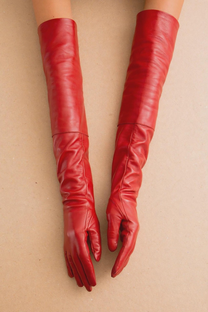 Red Leather Opera Gloves | Long Sheep Leather Evening Gloves | Formal Gift for Her