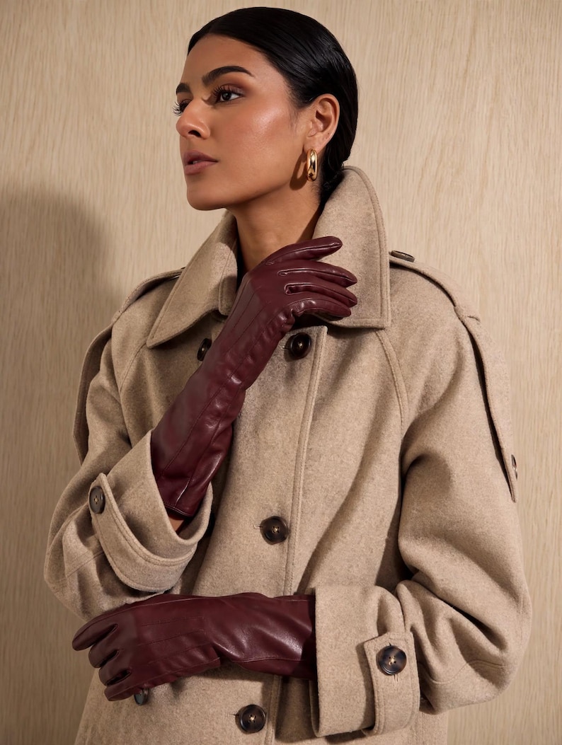 Women’s Sheep Leather Opera Gloves, Long Burgundy Leather Dress Gloves