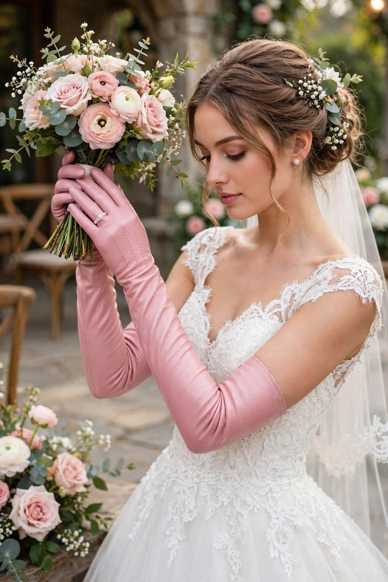 Pink Leather Gloves for Women, Long Sheep Leather Opera Gloves, Bridal Wedding Gift