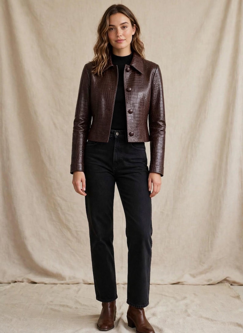 Women’s Croc Embossed Leather Jacket | Quilted Lining