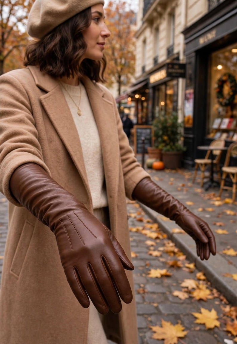 Women’s Sheep Leather Gloves | Long Brown Leather Dress Gloves