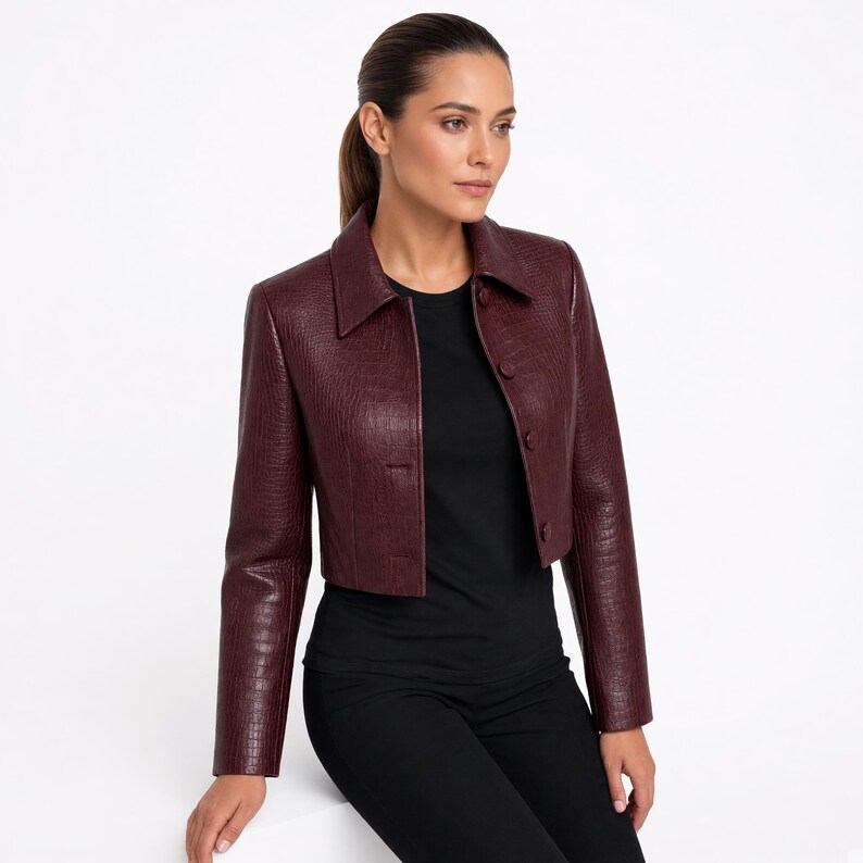 Handmade Women’s Croc Embossed Leather Jacket | Fitted Button Front Style