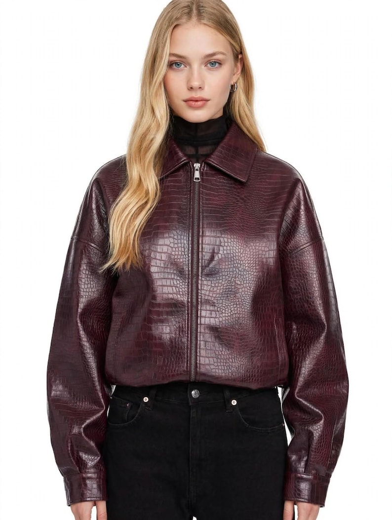 Handmade Women’s Croc Embossed Leather Jacket | Fitted Zip Front Style