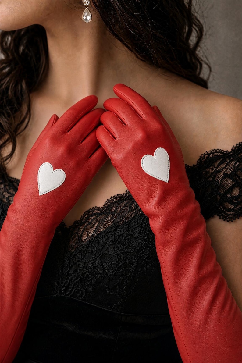 Women’s Sheep Leather Gloves | Long Dress Gloves with Custom Heart Detail