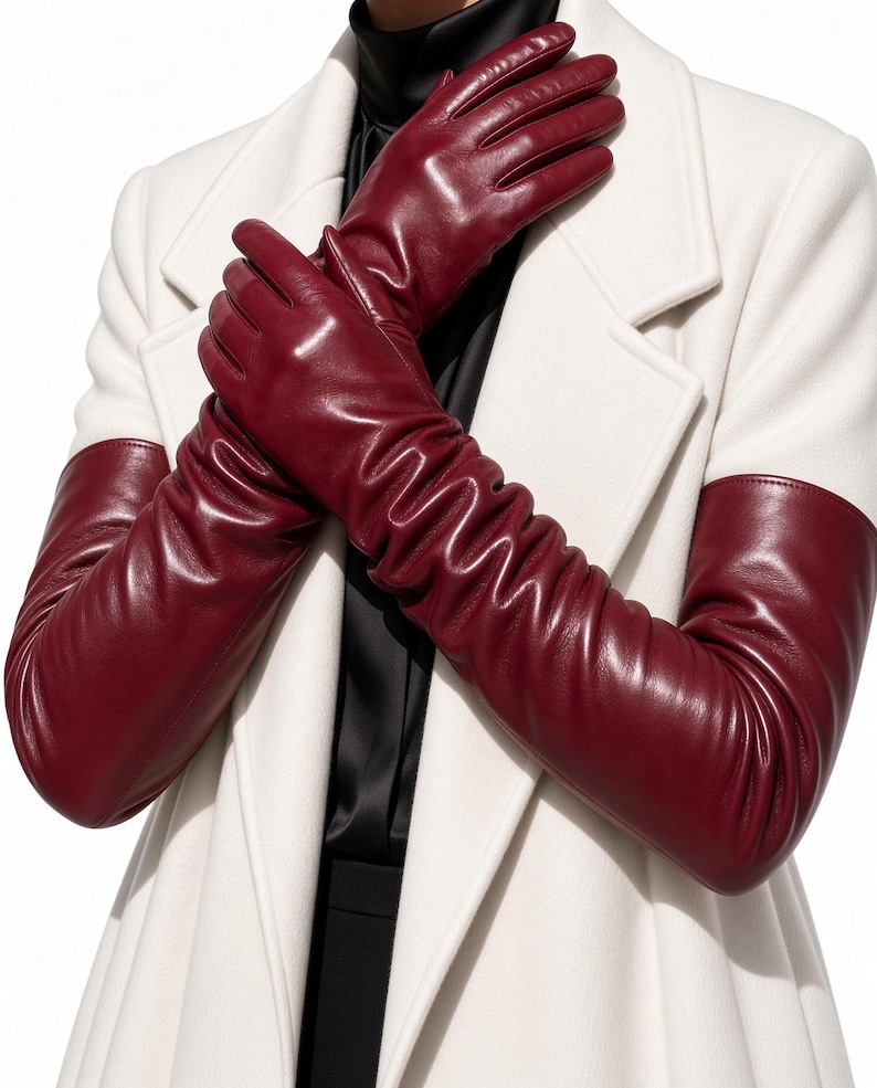 Women’s Sheep Leather Gloves, Long Ruched Cuff Handmade Dress Gloves
