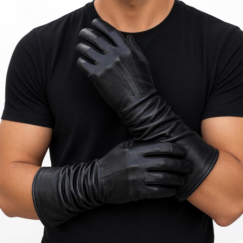 Men’s Sheep Leather Gloves, Long Ruched Cuff Handmade Black Dress Gloves