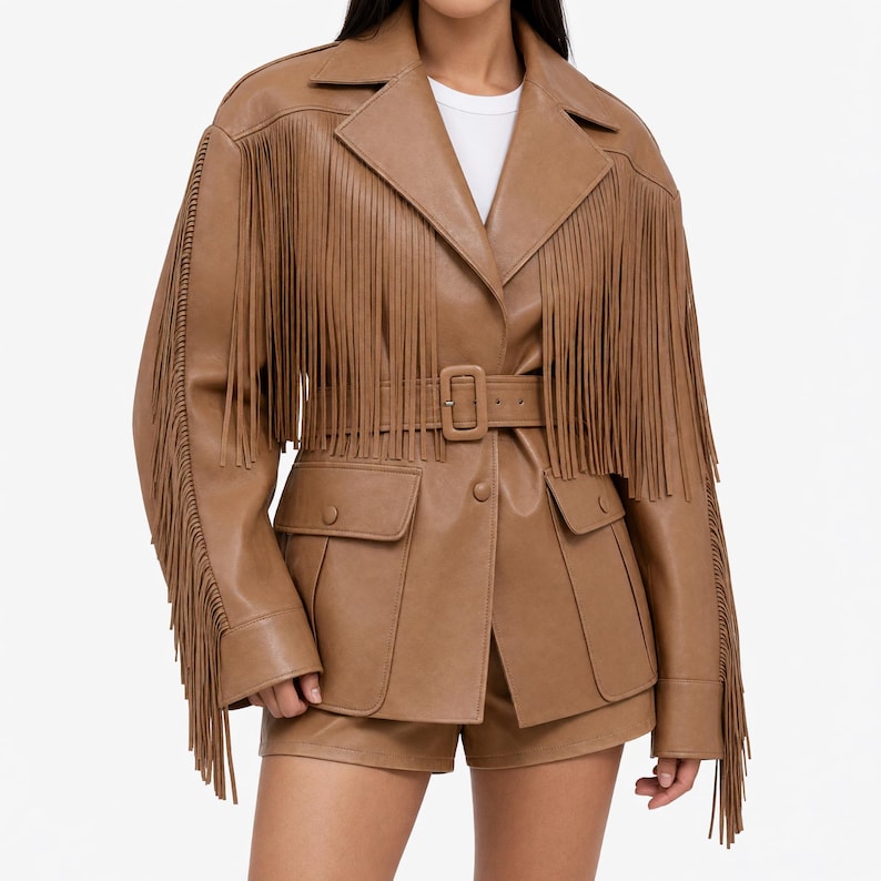 Women’s Leather Fringe Jacket, Western Biker Coat with Belt and Pockets